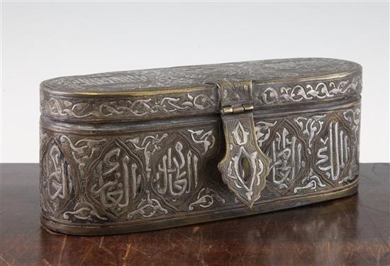 A Cairo ware Mamluk revival copper and silver inlaid brass qalamdan, 9.5in.